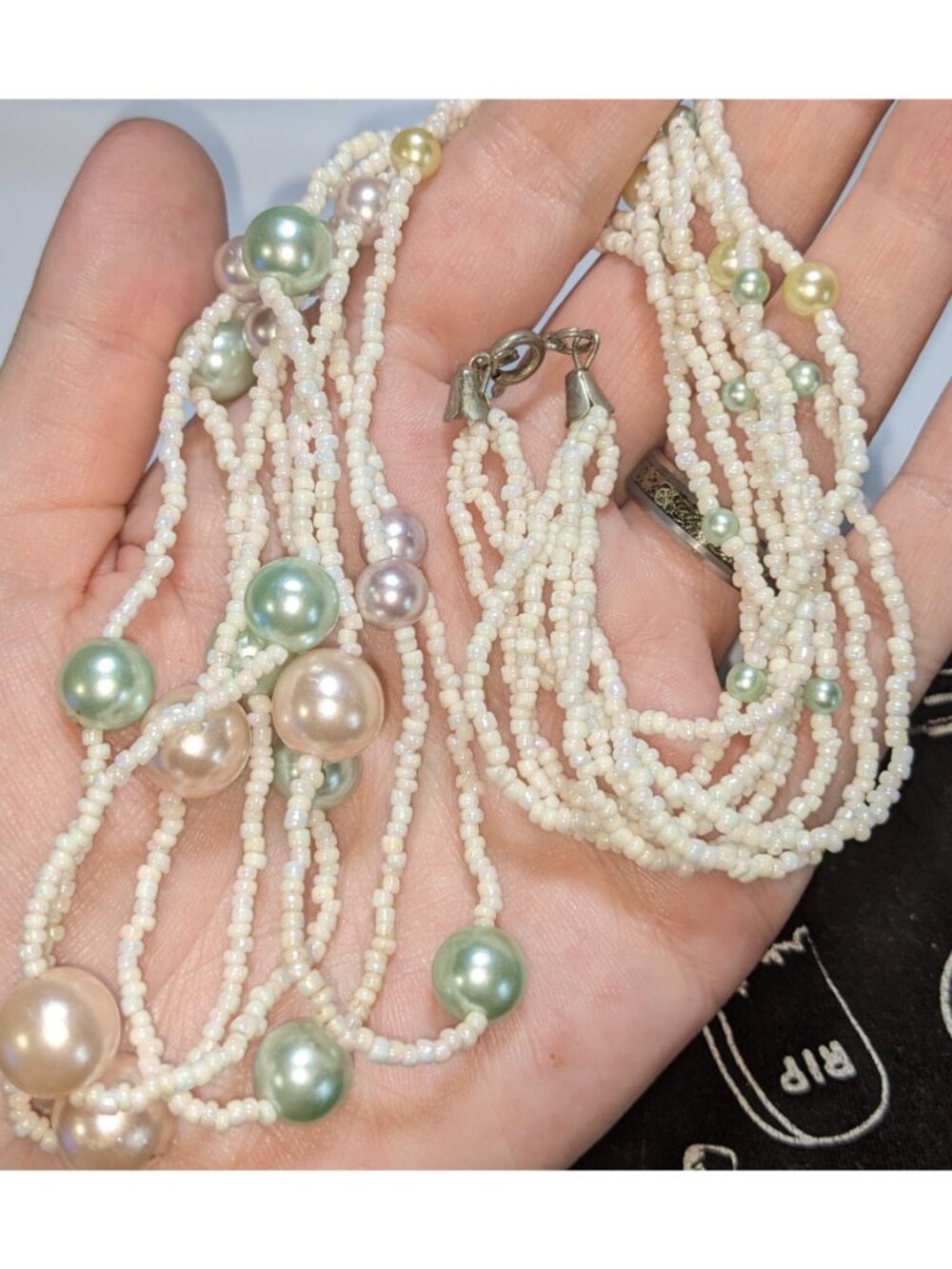 Coquette Cottagecore Layered Faux Pearl Seed Bead Multi Strand Statement Necklac - Picture 3 of 5